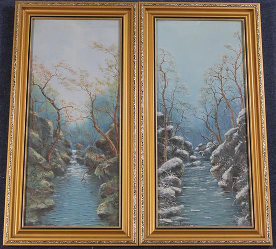 Nils H Christiansen (Danish, 1850-1922) Riverscapes in summer and winter, 18 x 7.5in.